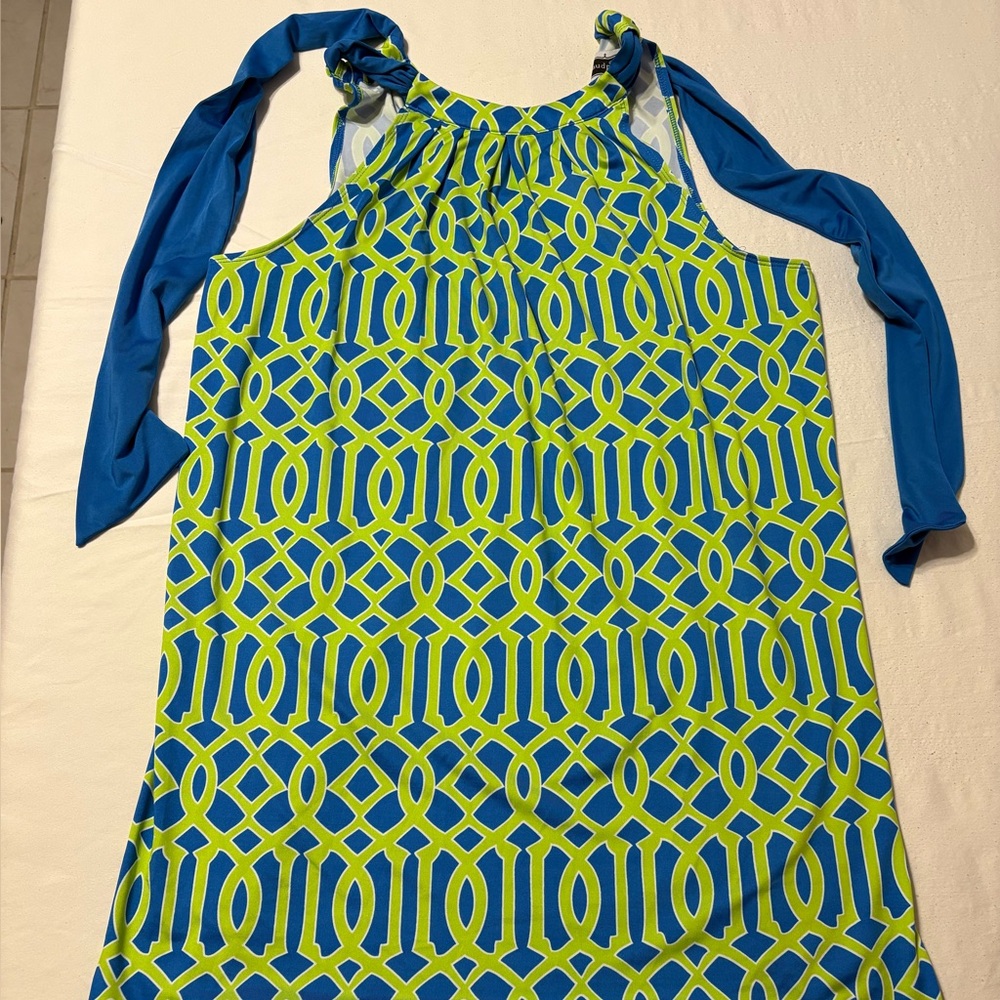 Mud Pie Geometric Print Shift dress in Blue and Lime Green